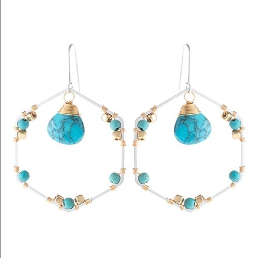 𝅺NATURAL STONE BEADED HEXAGON DROP EARRINGS-TURQUOISE-BEAUTIFUL.